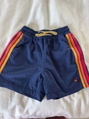 Aviator Nation Navy Shorts with Red and Yellow Stripe Logo